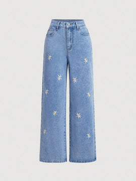 MOD Jeans casuales sueltos de pierna ancha para mujer con bordado de margaritas y bolsillos