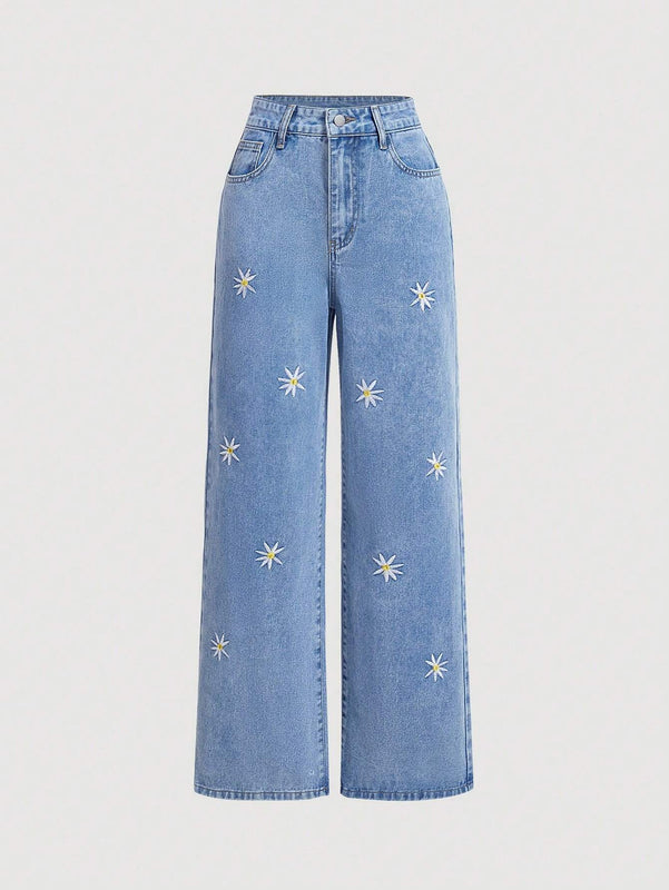 MOD Jeans casuales sueltos de pierna ancha para mujer con bordado de margaritas y bolsillos