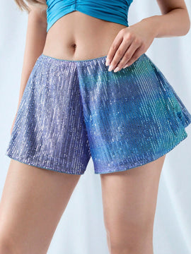 ICON Pantalones cortos de verano de pierna ancha y mini longitud con lentejuelas degradadas de moda para mujer
