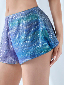 ICON Pantalones cortos de verano de pierna ancha y mini longitud con lentejuelas degradadas de moda para mujer
