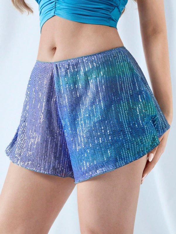 ICON Pantalones cortos de verano de pierna ancha y mini longitud con lentejuelas degradadas de moda para mujer