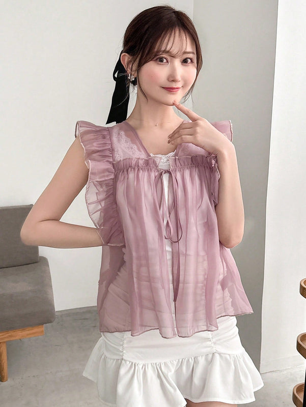 NEW FRIFUL Camisa de verano para mujer con lazo delantero, manga de volantes y unicolor
