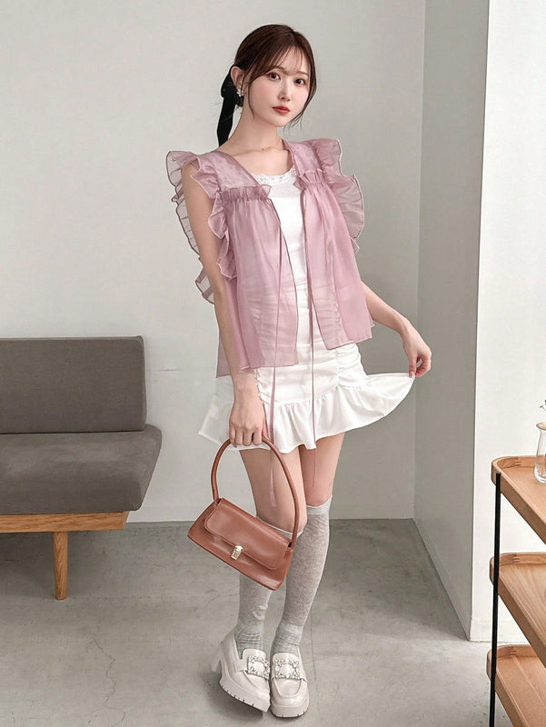 NEW FRIFUL Camisa de verano para mujer con lazo delantero, manga de volantes y unicolor