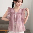 NEW FRIFUL Camisa de verano para mujer con lazo delantero, manga de volantes y unicolor