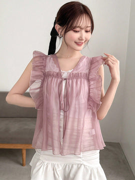 NEW FRIFUL Camisa de verano para mujer con lazo delantero, manga de volantes y unicolor