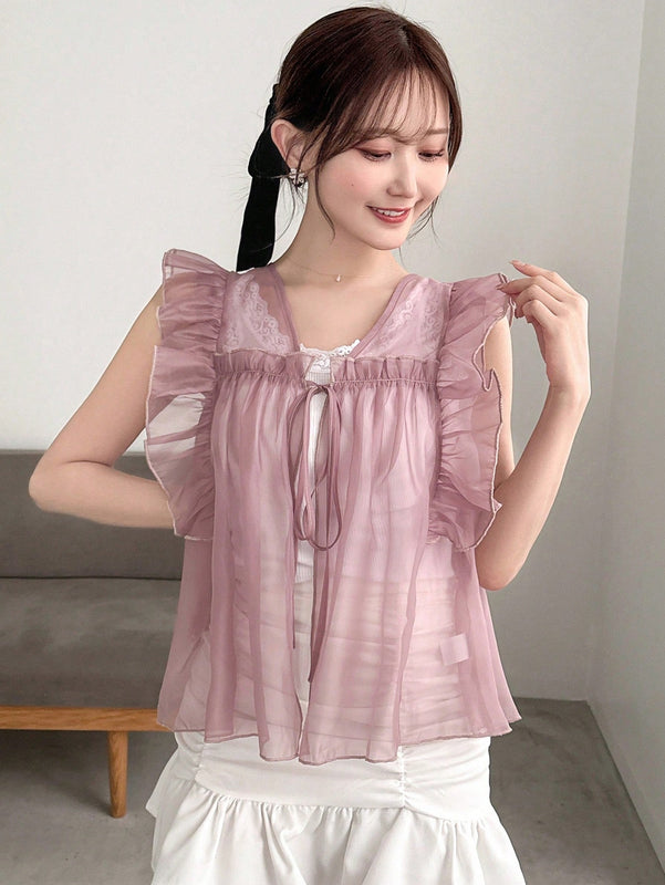 NEW FRIFUL Camisa de verano para mujer con lazo delantero, manga de volantes y unicolor