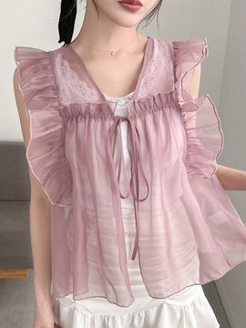 NEW FRIFUL Camisa de verano para mujer con lazo delantero, manga de volantes y unicolor