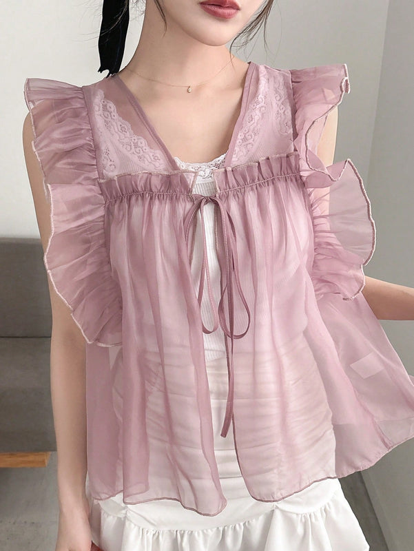 NEW FRIFUL Camisa de verano para mujer con lazo delantero, manga de volantes y unicolor