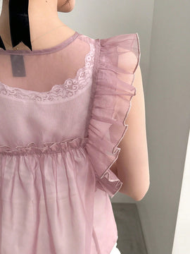 NEW FRIFUL Camisa de verano para mujer con lazo delantero, manga de volantes y unicolor