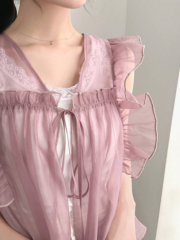 NEW FRIFUL Camisa de verano para mujer con lazo delantero, manga de volantes y unicolor
