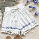 WYWH Shorts A-Line blanco para mujer WYWH con parches de borlas blancas y bordado azul ideal para vacaciones
