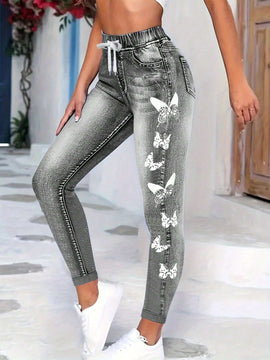 LUNE Leggings ajustados con cordon y estampado de mariposas para mujer