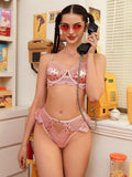 NEW  Conjunto de lenceria femenina simple con estampado y detalle de encaje
