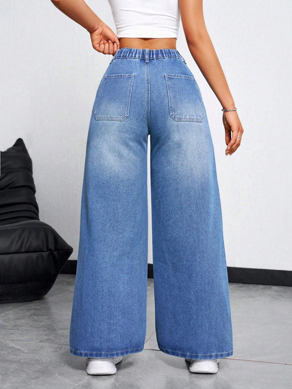 EZwear Jeans casuales holgados de pierna ancha para mujer con cintura alta y cinturon anudado