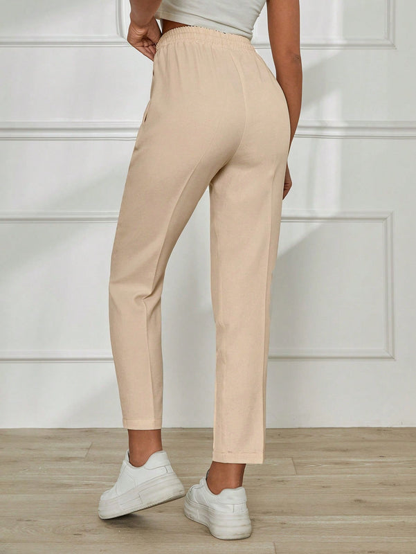 Pantalones casuales para mujer con cintura elastica con cordon, ajuste regular y bolsillos inclinados de unicolor