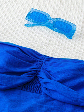 WYWH Blusa de hombros descubiertos azul de mujer con holguras, top retorcido elastico para vacaciones, playa, ocasiones casuales, juveniles, de graduacion, regreso a clases, Pascua, fiesta de jardin o atuendos para te de la tarde.