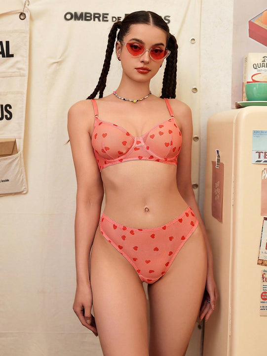 NEW Conjunto de ropa interior de mujer de malla impresa (con aro y tanga), 2 piezas/set