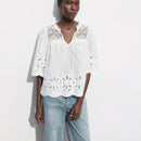 Blusa de cuello en V blanca casual con bordado calado para mujer, verano