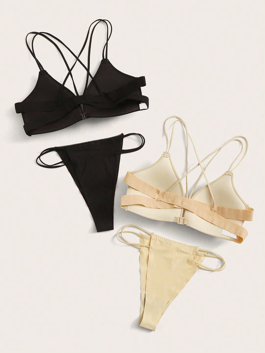 Juego de sosten y ropa interior sin costuras de 2 juegos, sosten con apertura frontal