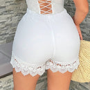 SXY Cortos de vacaciones de playa para mujeres con encaje sexy empalmado, verano
