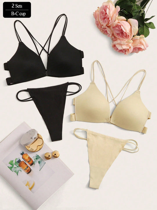 Juego de sosten y ropa interior sin costuras de 2 juegos, sosten con apertura frontal