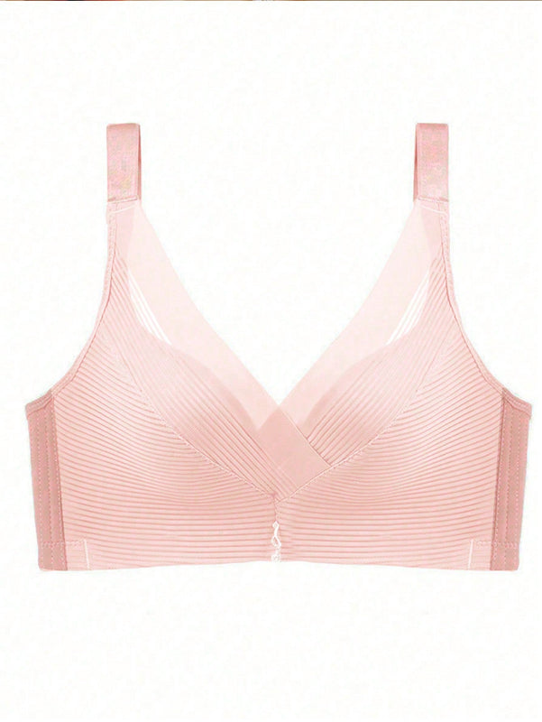 Sencillo Bra Ajustable de Primavera/Verano sin Alambrar con Soporte Lateral y Push-Up, Bottom Gruesa y Parte Superior Delgada, Cierre de Hebilla de Cuatro Filas, Anti-Caida y Anti-Bultos Laterales