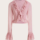 Camisa de estilo vacacional romantico y suave de un solo color con ribete de volantes