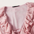 Camisa de estilo vacacional romantico y suave de un solo color con ribete de volantes