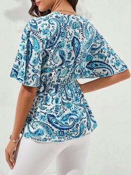 Camisa casual de cuello cruzado con nudo en la cintura para vacaciones de mujeres