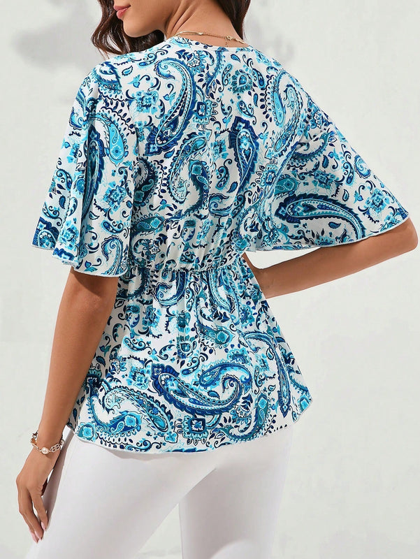 Camisa casual de cuello cruzado con nudo en la cintura para vacaciones de mujeres