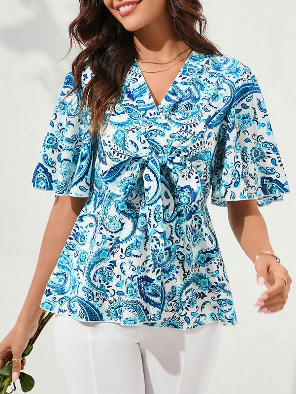 Camisa casual de cuello cruzado con nudo en la cintura para vacaciones de mujeres