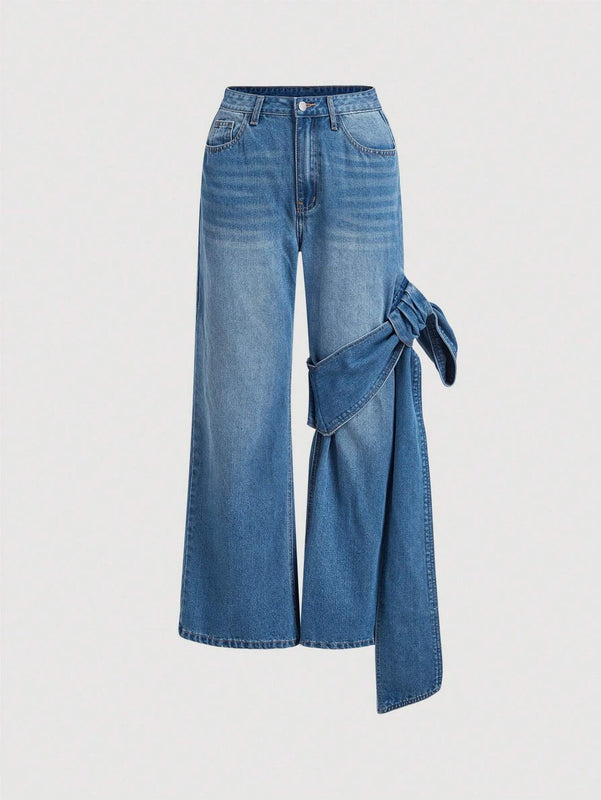 MOD Jeans casuales de pierna ancha y corte suelto para mujer con detalles de lazo en frente y bolsillos