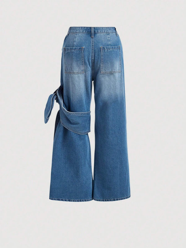 MOD Jeans casuales de pierna ancha y corte suelto para mujer con detalles de lazo en frente y bolsillos
