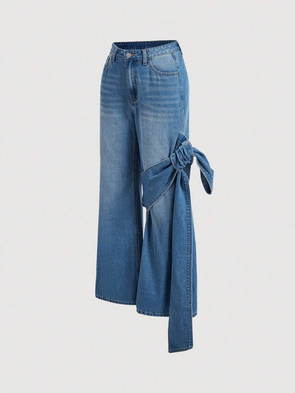 MOD Jeans casuales de pierna ancha y corte suelto para mujer con detalles de lazo en frente y bolsillos