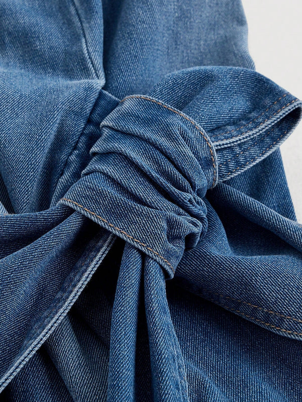 MOD Jeans casuales de pierna ancha y corte suelto para mujer con detalles de lazo en frente y bolsillos
