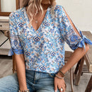NEW  VCAY Blusa de verano para mujer con cuello en V y mangas divididas con estampado completo en todo