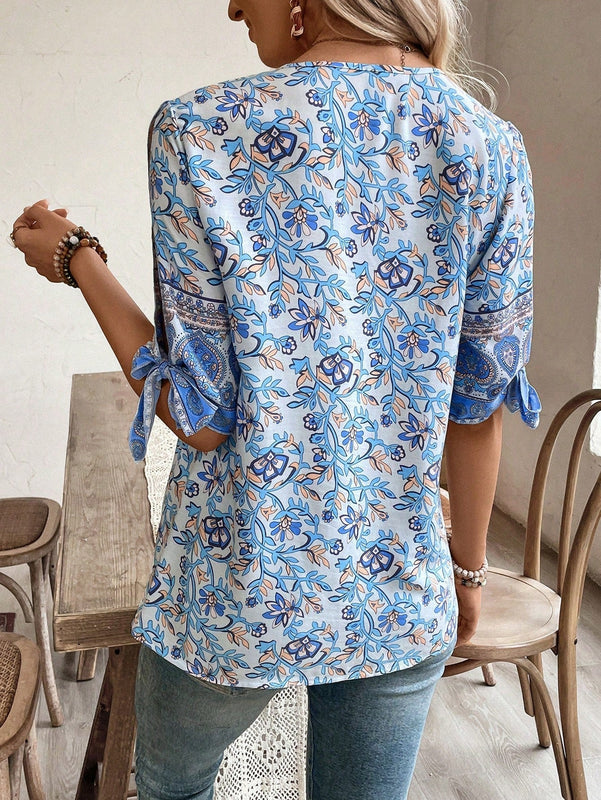 NEW  VCAY Blusa de verano para mujer con cuello en V y mangas divididas con estampado completo en todo