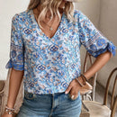 NEW  VCAY Blusa de verano para mujer con cuello en V y mangas divididas con estampado completo en todo