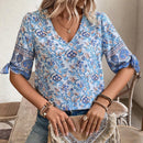 NEW  VCAY Blusa de verano para mujer con cuello en V y mangas divididas con estampado completo en todo