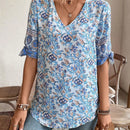 NEW  VCAY Blusa de verano para mujer con cuello en V y mangas divididas con estampado completo en todo