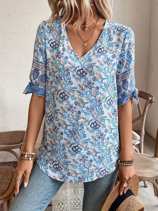 NEW  VCAY Blusa de verano para mujer con cuello en V y mangas divididas con estampado completo en todo