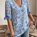 NEW  VCAY Blusa de verano para mujer con cuello en V y mangas divididas con estampado completo en todo