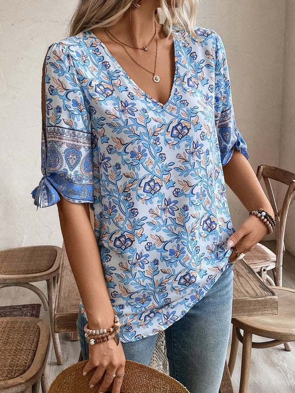 NEW  VCAY Blusa de verano para mujer con cuello en V y mangas divididas con estampado completo en todo