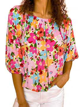 NEW  LUNE Camisa floral Ditsy de 3/4 con cuello redondo para mujer (impresion aleatoria)