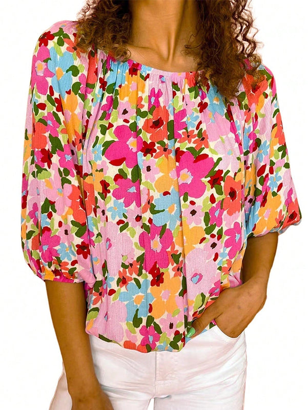 NEW  LUNE Camisa floral Ditsy de 3/4 con cuello redondo para mujer (impresion aleatoria)