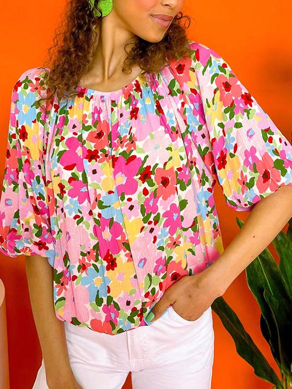 NEW  LUNE Camisa floral Ditsy de 3/4 con cuello redondo para mujer (impresion aleatoria)