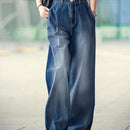 Jeans de pierna ancha y cintura alta vintage para mujer con bolsillos oblicuos