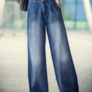 Jeans de pierna ancha y cintura alta vintage para mujer con bolsillos oblicuos