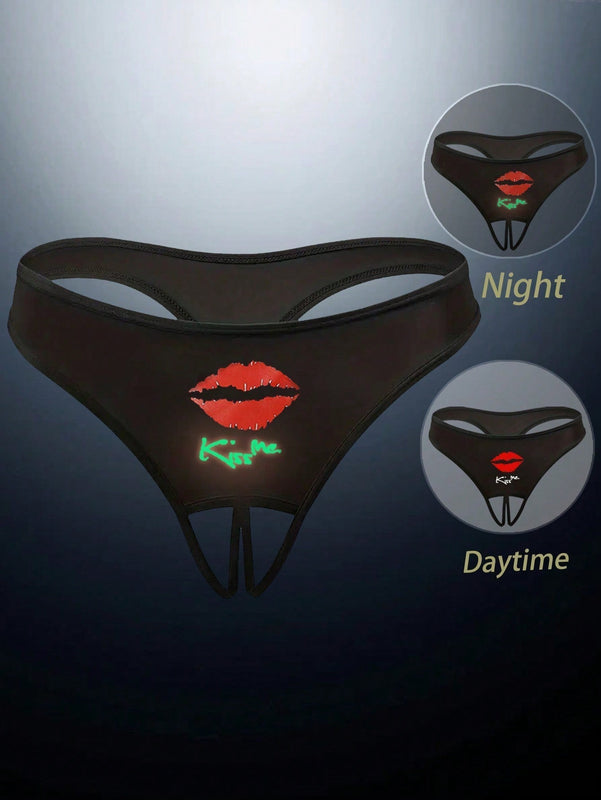 Ropa interior de mujer sexy con brillo nocturno y diseno impreso de T-Back, ropa interior delgada con entrepierna abierta