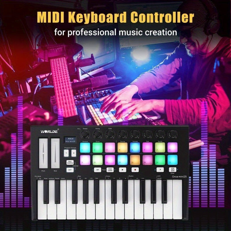 Orca Mini25 Teclado Controlador MIDI USB de 25 Teclas Controlador MIDI USB Con 16 Pads Desencadenantes RGB Retroiluminados Con Retroiluminación RGB